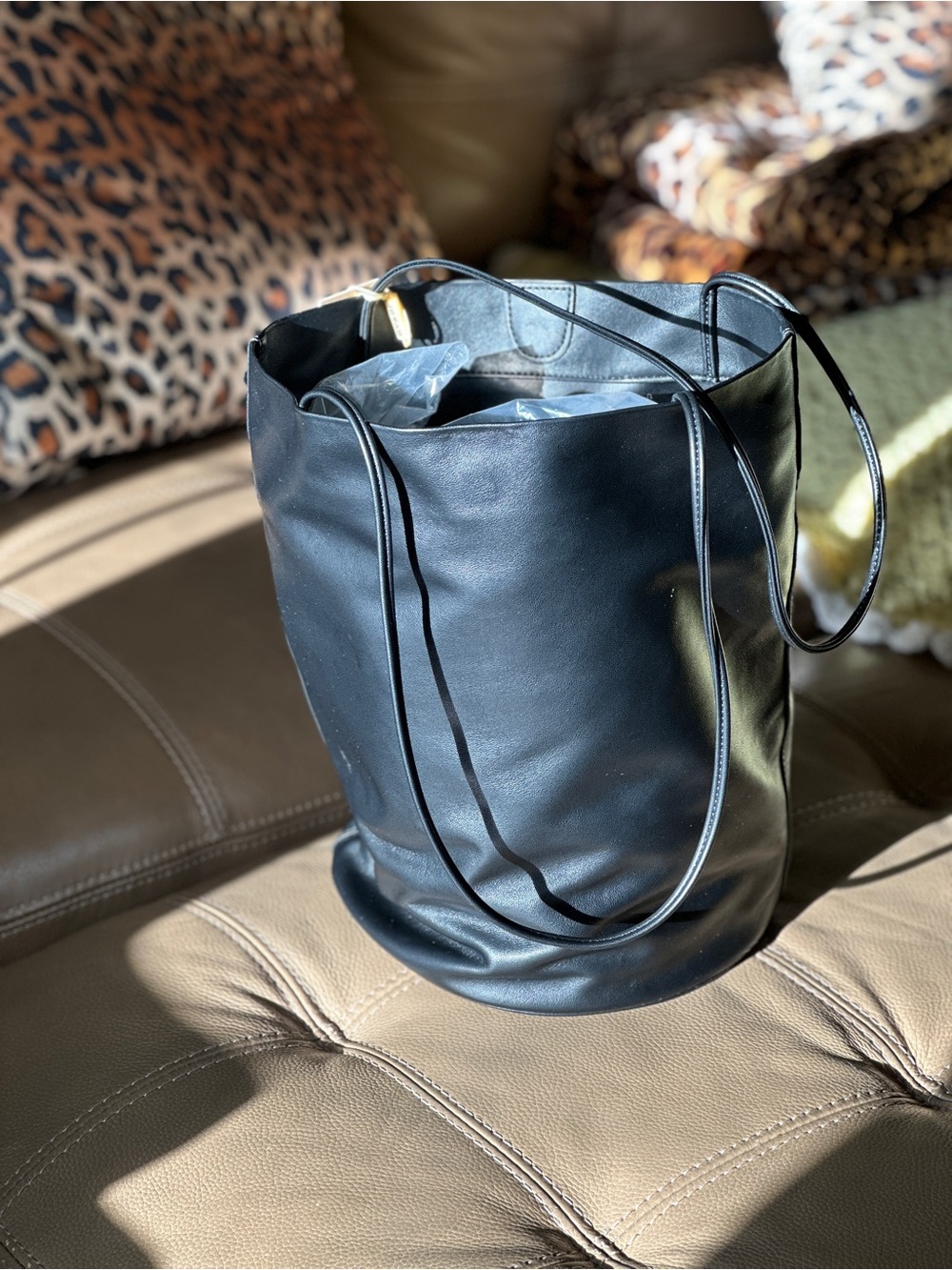 Black Leather Bucket Tote Bag
